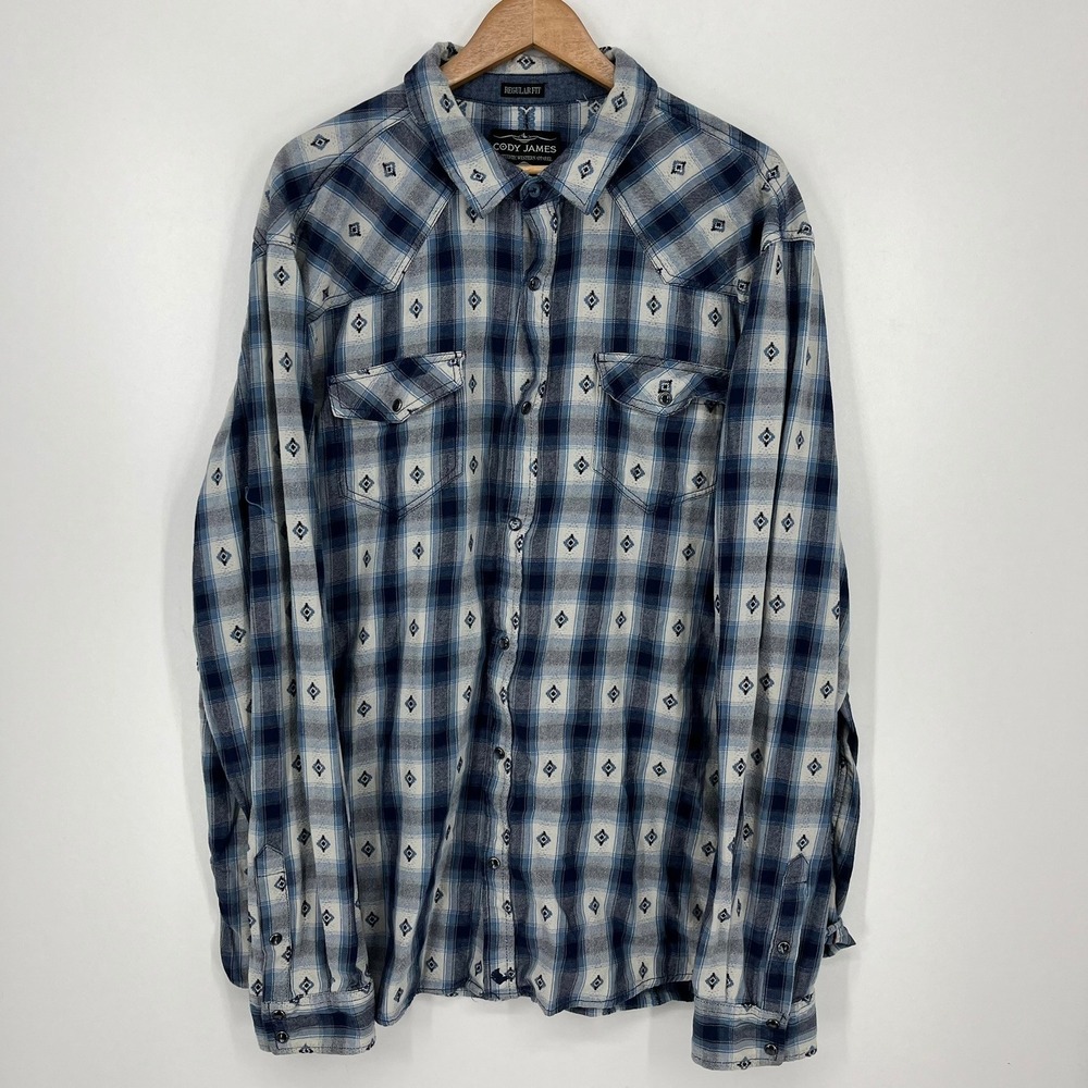 Cody James Mens 3XLT Blue Plaid Geometric Diamond Western Snap Front Shirt Tall